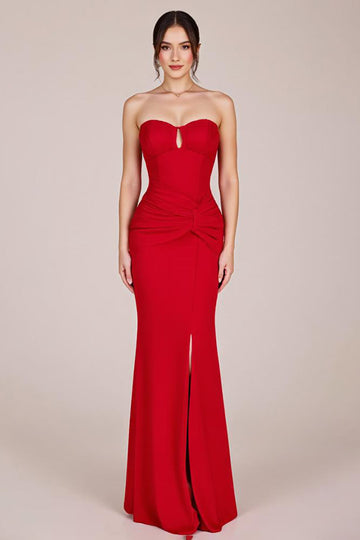Red Strapless Ruched Mermaid Long Formal Dress with Slit